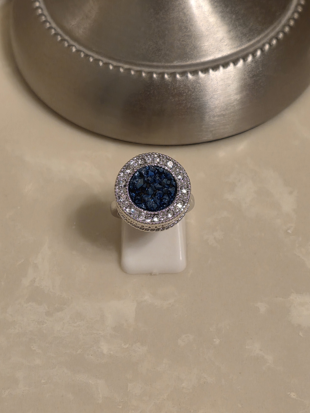 Silver CZ and Blue Crystal Ring Size 7